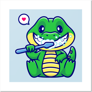 Cute Crocodile Brushing Teeth Cartoon Posters and Art